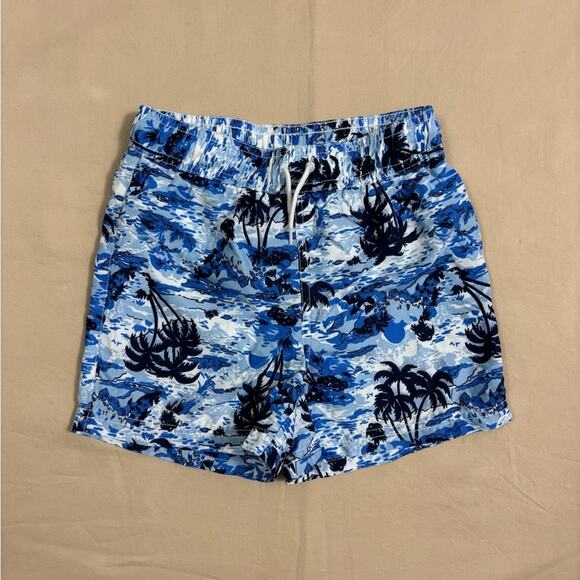 Janie and Jack Boys Blue Black Swim Trunks Ocean and Palm Tree Graphic Size 5 - Picture 1 of 5